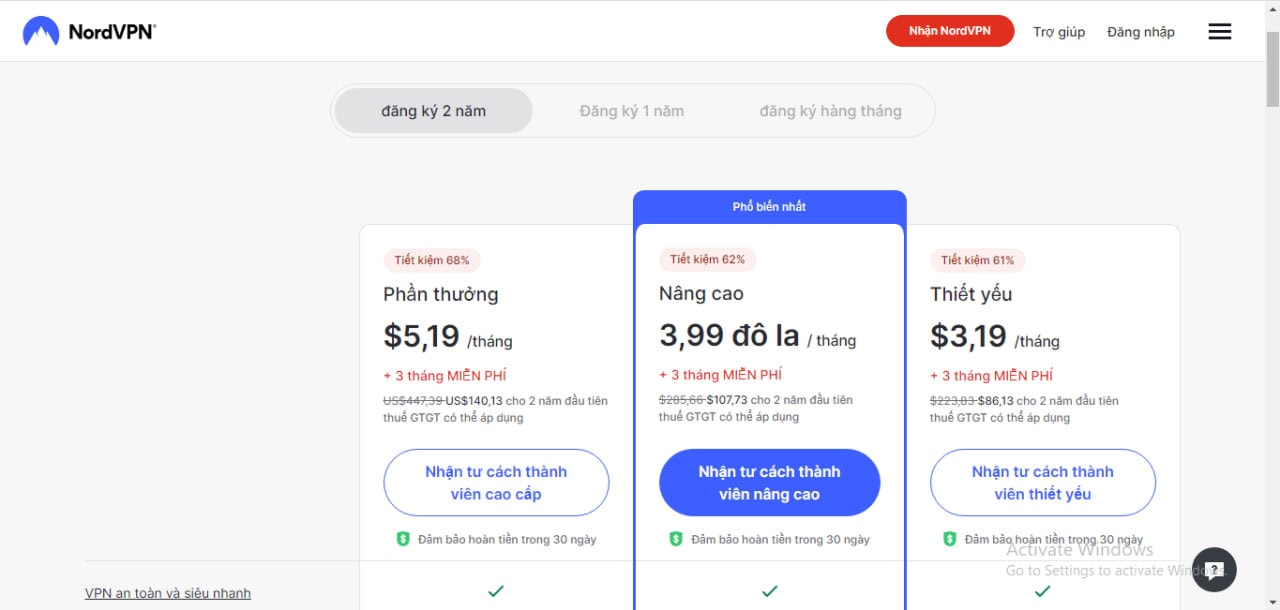 Đăng ký gói dịch vụ cung cấp VPN của NORDVPN