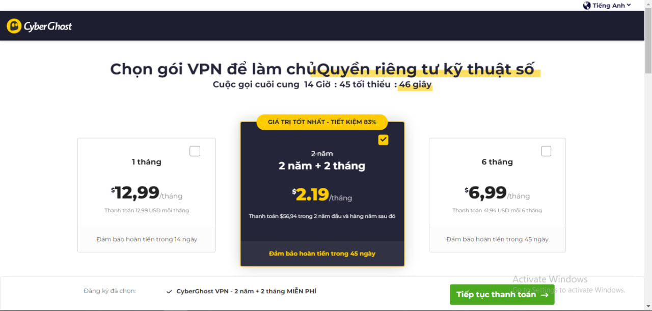 Gói dịch vụ trả phí hiện nay CyberGhostVPN cung cấp