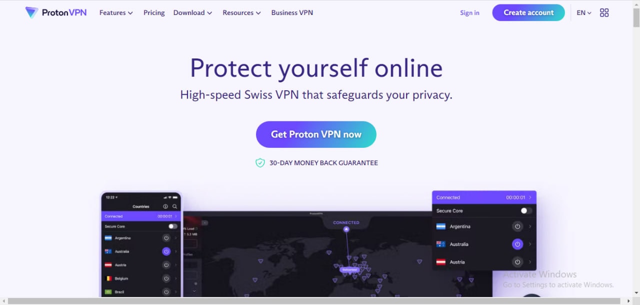 truy cập tr ang chủ ứng dụng protonVPN