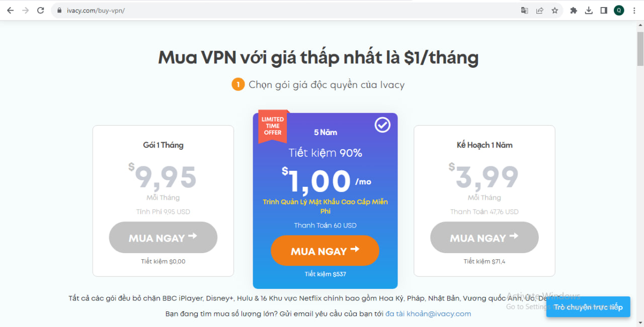 Đăng ký gói dịch vụ của IvacyVPN