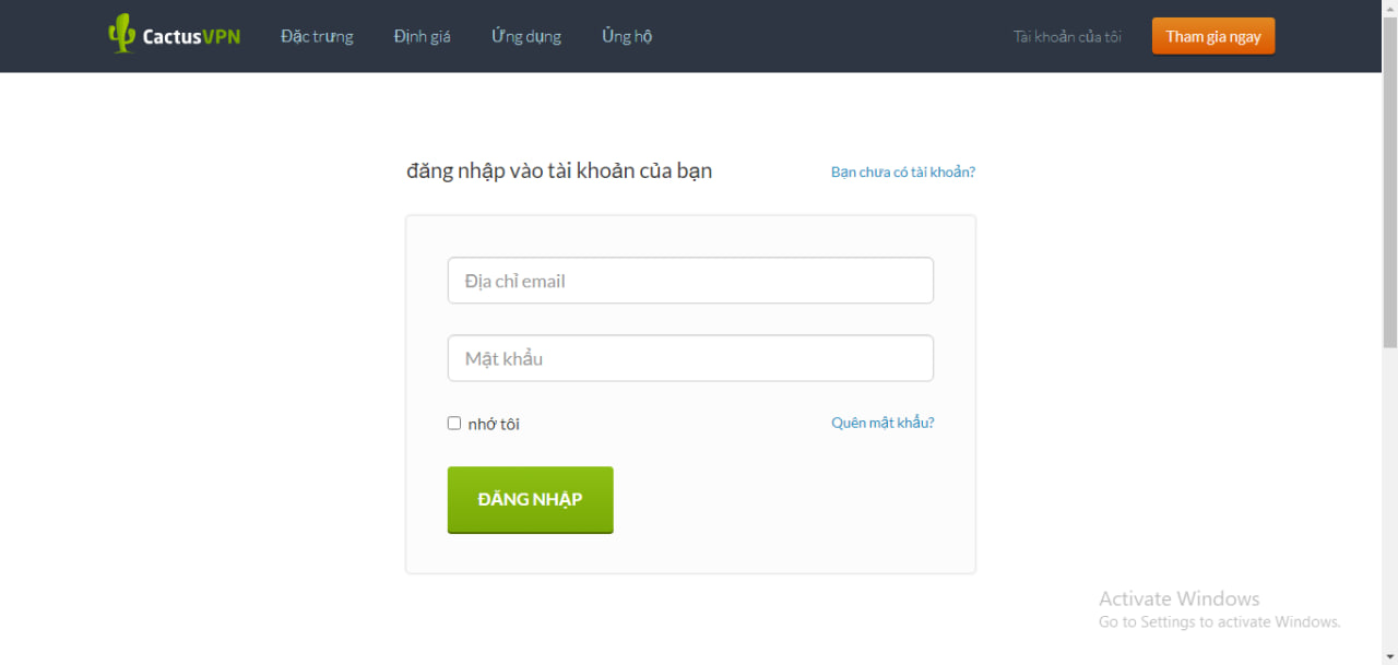 Đăng nhập ứng dụng CactusVPN