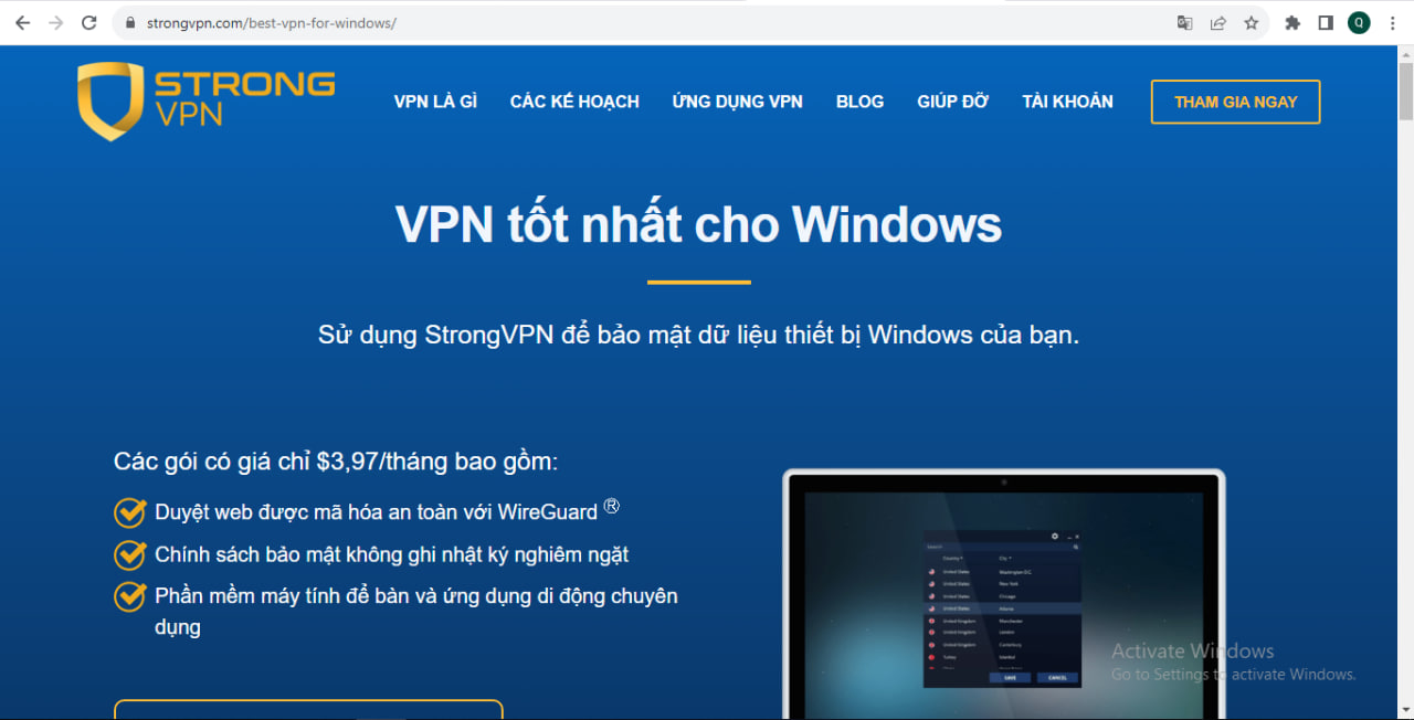 truy cập vào trang chủ strongVPN hiện nay